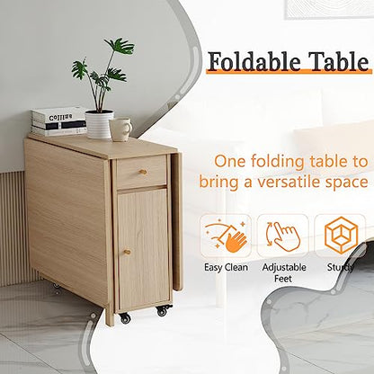 Drop Leaf Folding Dining Table with Storage, Wheels, Space Saving | Foldable Design, 18mm Thick Plywood, 300 lbs Capacity, Locking Wheels, Farmhouse Style, for Living Room Kitchen Small Spaces - color: Wood
