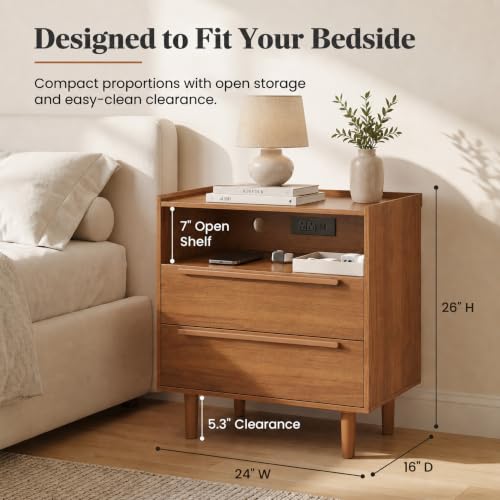 26 Inch Tall Warm Walnut Nightstand with Charging Station, 2 Drawers | 24 inch wide, 16 inch deep design with raised-edge tray top, open shelf, hidden storage, and mid century appeal - color: Warm Walnut