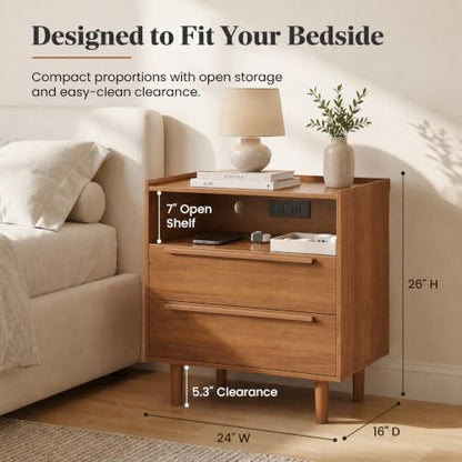 26 Inch Tall Warm Walnut Nightstand with Charging Station, 2 Drawers | 24 inch wide, 16 inch deep design with raised-edge tray top, open shelf, hidden storage, and mid century appeal - color: Warm Walnut