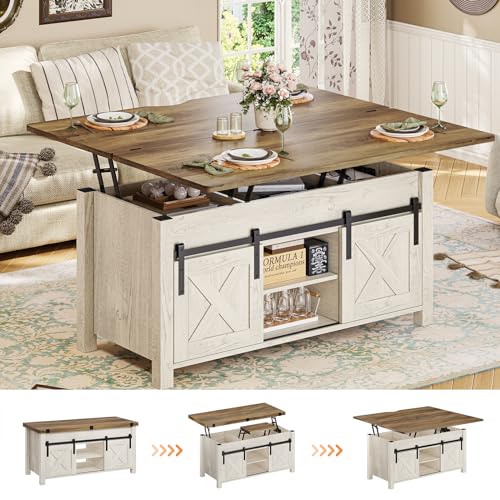 SEDETA Farmhouse Lift Top Coffee Table with Storage and Hidden Compartment | 4 in 1 Multi-Function Convertible Coffee Tables Converts to Dining Table for Small Living Room, Brown Top - color: White Brown, size: 39.3"D x 39.3"W