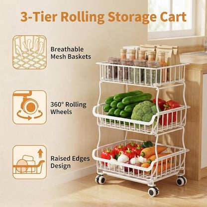 3-Tier Rolling Pantry Floor Organizer and Storage Cart with Lockable Wheels, Heavy-Duty Stackable Wire Baskets, Multi-Purpose Kitchen Storage Rack for Fruits, Snacks, Onions, Potatoes & Pantry Shelves
