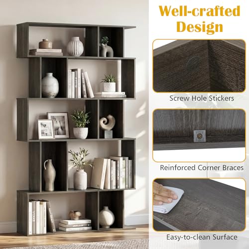 GOFLAME 5-Tier Geometric Bookshelf, 62” Tall Bookcase with 10 Open Back & Closed Back Cubes, Modern Display Book Shelf, S-Shaped Storage Organizer for Living Room, Home Office (1,Gray Oak) - color: Gray Oak