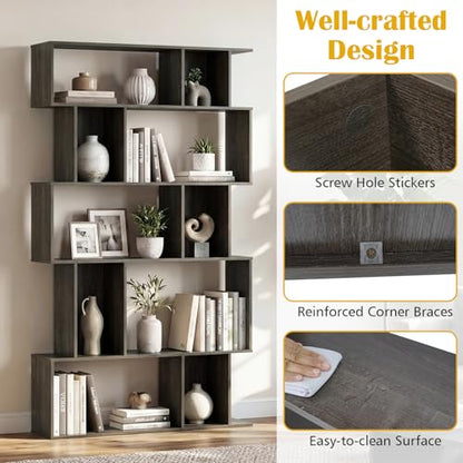 GOFLAME 5-Tier Geometric Bookshelf, 62” Tall Bookcase with 10 Open Back & Closed Back Cubes, Modern Display Book Shelf, S-Shaped Storage Organizer for Living Room, Home Office (1,Gray Oak) - color: Gray Oak
