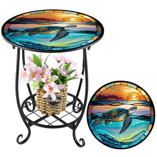 Cinnvoice Outdoor Side Table Round Small Mosaic Patio Accent Indoor End Plant Coffee Tea Table for Yard Patio Porch Garden Living Room, Bedroom(Turtle Style,14 Inch) - size: 14 Inch, style: Turtle Style