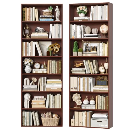 82" Tall Bookshelf Set of 2,7-Tier Double Shelves Bookcase,Cherry | Extra Tall Bookcase with Storage, Floor to Ceiling Bookshelves, Narrow Bookshelf Home Decor Furniture for Office, Living Room - color: Cherry