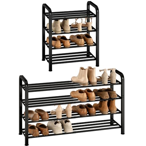 STORAGE MANIAC 4-Tier Expandable Shoe Rack, 16 Pairs Adjustable Shoe Shelf for Closet, Entryway, Hallway, Garage, Dorm, Heavy-duty Metal Shoe Organizer for Small Space, Black