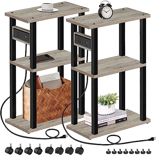 TUTOTAK Small Narrow Side Table, Set of 2 Skinny End Table | for Small Spaces, Slim Nightstand with USB Ports and Outlet,Sofa Beside Table with Wheels, Greige TB01BG047 - color: Greige, size: 2 PC, style: With Plug