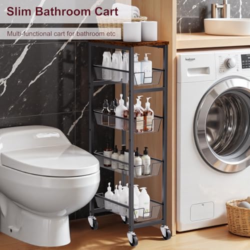 Slim Rolling Cart, 4-Tier Storage Cart, 9.1inch Narrow Kitchen Rolling Cart on Wheels for Small Space, Utility Cart Shelving Unit with Wooden Top and Metal Handle for Kitchen, Bathroom, Laundry Room - size: 4 Tiers (9.1"D x 30.3"H)