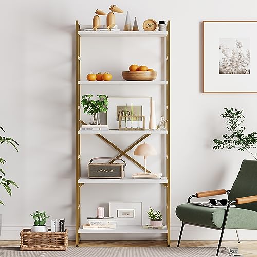 Vongrasig 5 Tier Bookshelf, Modern Tall Bookcase, Industrial Book Shelves Display Standing Shelf, Free Standing Storage Organizer for Bedroom, Living Room, White+Gold - color: White+gold