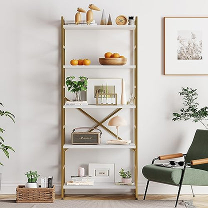 Vongrasig 5 Tier Bookshelf, Modern Tall Bookcase, Industrial Book Shelves Display Standing Shelf, Free Standing Storage Organizer for Bedroom, Living Room, White+Gold - color: White+gold