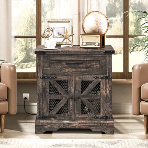 RALGEND Farmhouse End Table with Charging Station, 24" Large Sofa Side Table with Drawer, Large End Table for Living Room, Wooden Nightstand with Outlet, Square, Dark Rustic Oak - color: Dark Rustic Oak