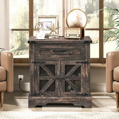 RALGEND Farmhouse End Table with Charging Station, 24" Large Sofa Side Table with Drawer, Large End Table for Living Room, Wooden Nightstand with Outlet, Square, Dark Rustic Oak - color: Dark Rustic Oak