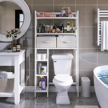 SMIBUY Over The Toilet Storage with Drawers, Large Bathroom Space Saver Organizer Rack, Freestanding Behind Toilet Stand with 6-Tier Shelf and Waterproof Feet Pad for Restroom, Laundry (White) - color: White