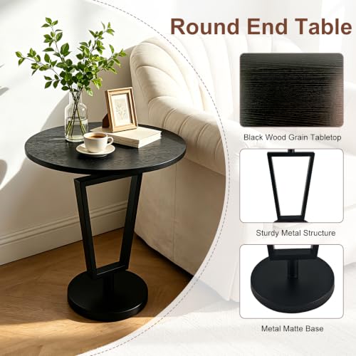 Modern Black Round Side Table 17" x 19" Heavy Duty Metal Pedestal Base Accent Table for Small Spaces End Table for Living Room, Bedroom, Beside Sofa or Couch – Easy Assembly - color: Black-t