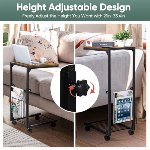 C Shaped Side Table Small End Table with Wheels Slide Under Couch Table for Sofa C Table with Metal Frame Adjustable Height Sofa Table for Living Room Bedroom Small Space, Rustic Brown - color: Rustic Brown