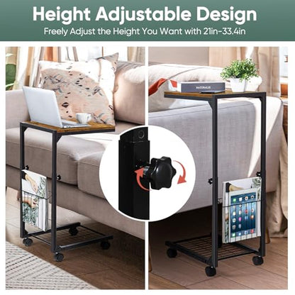 C Shaped Side Table Small End Table with Wheels Slide Under Couch Table for Sofa C Table with Metal Frame Adjustable Height Sofa Table for Living Room Bedroom Small Space, Rustic Brown - color: Rustic Brown