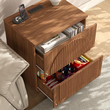 Fluted Nightstands Set of 2 with Charging Station, Walnut | Fluted nightstand with charging station, 2 drawers, arched fronts and a curved base - size: 1SET