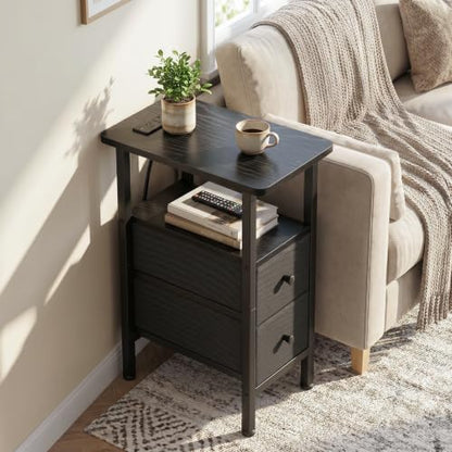 LOAKEKEL Narrow End Table with Charging Station, Side Tables Living Room | End Tables Living Room Set of 2, Skinny Nightstand with Fabric Drawers for Bedroom, Small Spaces, Black - color: Black, style: Power