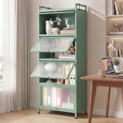 LDAILY 5-Tier Kitchen Storage Cabinet, Mobile Microwave Stand with Metal Frame, Double Anti-toppling Device, 4 Rolling Casters, Freestanding Bakers Rack for Kitchen, Dining Room, Living Room (Green) - color: Green