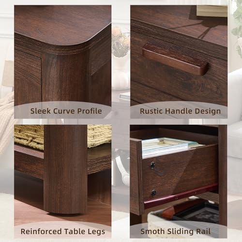 Joaxswe Farmhouse Side Tables Living Room, Small Nightstand with 1 Drawers & Open Shelving & 4 Thickened Table Legs, Walnut - color: Walnut, size: Single