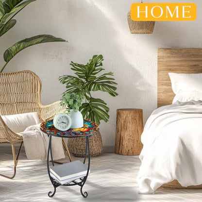 Cinnvoice Outdoor Side Table Round Small Mosaic Patio Accent Indoor End Plant Coffee Tea Table for Yard Patio Porch Garden Living Room, Bedroom(Tree Style,14 Inch) - size: 14 Inch, style: Tree Style