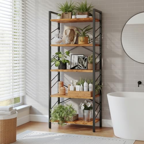 DurayLoly 2 Pieces 5 Tier Bookshelf for Narrow Space, Rustic Brown | Small Space Dwellers , Sidebars and Metal Frame - color: Rustic Brown, size: 5 Tier - 2 pcs