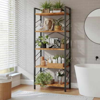 DurayLoly 2 Pieces 5 Tier Bookshelf for Narrow Space, Rustic Brown | Small Space Dwellers , Sidebars and Metal Frame - color: Rustic Brown, size: 5 Tier - 2 pcs