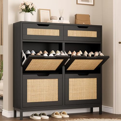 Jocoevol Rattan Shoe Cabinet for Entryway, Boho Shoe Storage Cabinet with 4 Flip Drawers and 2 Drawers, Narrow Freestanding Shoe Rack with Metal Legs for Entryway/Hallway/Foyer (Black) - color: Black