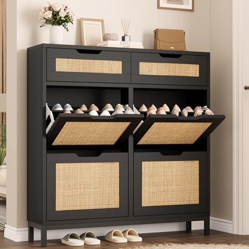 Jocoevol Rattan Shoe Cabinet for Entryway, Boho Shoe Storage Cabinet with 4 Flip Drawers and 2 Drawers, Narrow Freestanding Shoe Rack with Metal Legs for Entryway/Hallway/Foyer (Black) - color: Black