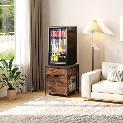 CHOEZON Mini Fridge Stand with Power Outlet, Large Side Table with 2AC and 2 USB Ports, Mobile Beverage Cart with Fabric Drawer for Dorm, Kitchen, Living Room, Rustic Brown and Black TBZ56UBF