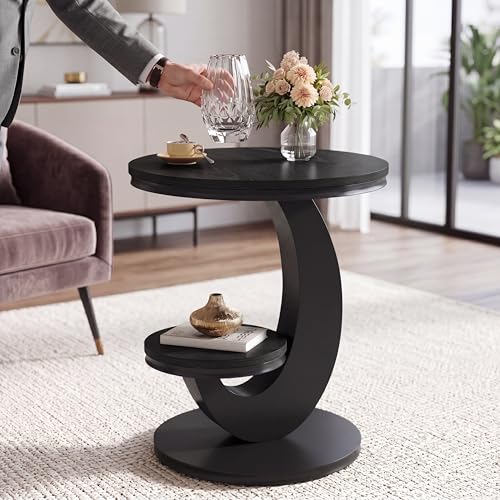 Tribesigns Round End Table with 2-Tier Shelf Storage,C Shaped Wood Side Table for Couch with Metal Frame,Modern Nightstand Accent Table for Living Room,Bedroom,Small Space,Black - color: Black