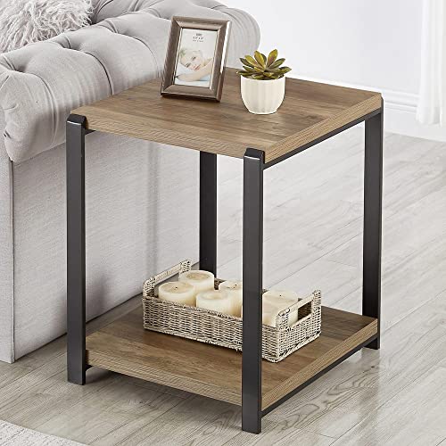 FOLUBAN Industrial End Table, Square Side Table with Storage Shelf for Living Room, Wood and Metal Nightstand, Oak - color: Oak