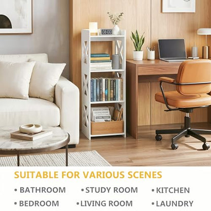 4-Tier Narrow Corner Bathroom Floor Stand, Waterproof PVC, White | Storage Shelf, Rack, Holder, Fits Tight Spaces, for Toilet Side, Laundry, Shower, Kitchen Spice Rack, Easy to Clean, 37”H - size: 4 Tier