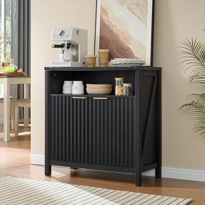 BuildHom 32 Inch Fluted Sideboard Buffet Cabinet with Storage Black Oak | Coffee Bar Cabinet with Open Shelf and 5-Level Adjustable Shelves, Farmhouse Storage Cabinet for Kitchen and Dining Room - color: Black Oak