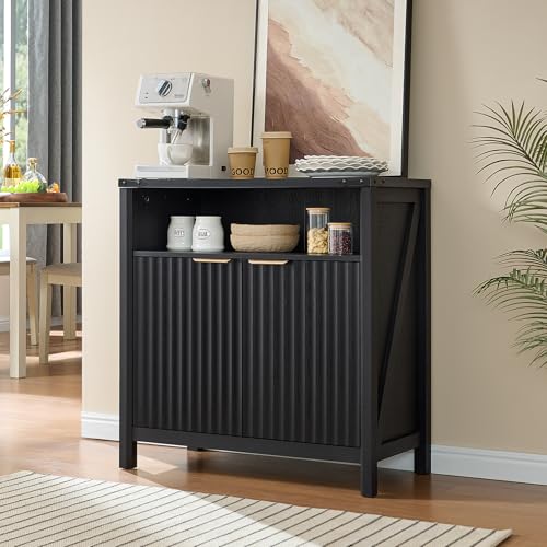 BuildHom 32 Inch Fluted Sideboard Buffet Cabinet with Storage Black Oak | Coffee Bar Cabinet with Open Shelf and 5-Level Adjustable Shelves, Farmhouse Storage Cabinet for Kitchen and Dining Room - color: Black Oak