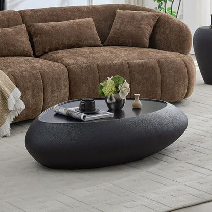 47" Modern Coffee Table Unique Rock Coffee Table Faux Stone Center Tables Round Edge Design Fiberglass Oval Accent Tables for Living Room Office Apartment No Assembly Required Black - color: Fiberglass Oval-black