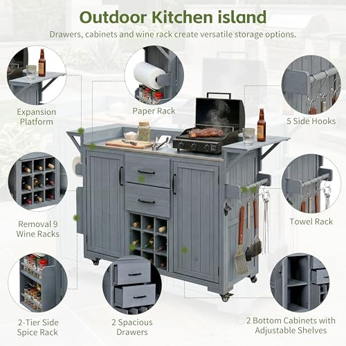 Modern 60.2''W Outdoor Kitchen Island with Wheels, Rolling Patio BBQ Kitchen Cart with Stainless Steel Top, Wood Grill Cart with Spice Rack&Wine Rack,2 Drawers, Gray - style: Gray