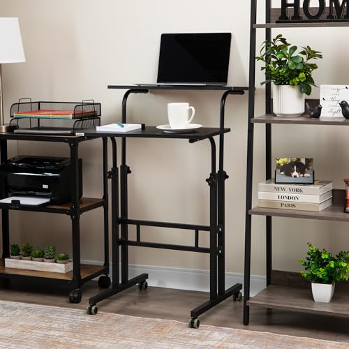 Mind Reader Standing Desk, Adjustable Height Laptop Workstation, Portable Rolling Desk on Wheels, Two-Tier Metal Frame, Black - color: Black
