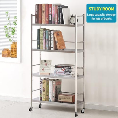 susunnus Stainless Steel Shelf,Shelves for Storage,Metal Shelf,Kitchen Garage Shelves, with Wheels,Rolling Shelves,Adjustable Height,Weight Capacity 350LB (27.6in*10.2in-4T with guardrails) - size: 27.6in*10.2in-4T