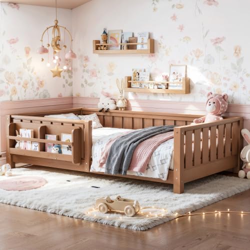 Bellemave Kids Twin Bed Frame with Bookshelf & Safety Guardrails, Solid Wood Montessori Floor Bed with Low-Profile Design for Kids Girls Boys (Dark Natural/Twin) - color: Dark Natural, size: Twin