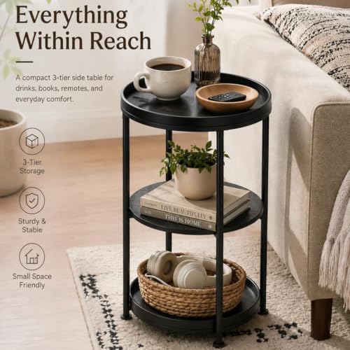 Dulcii Side Table, Round End Table with 3 Shelves for Living Room, Bedroom, Nightstand with Steel Frame for Small Spaces, Industrial Round Sofa Table, Outdoor Accent Coffee Table, Black - color: Black, style: Classic
