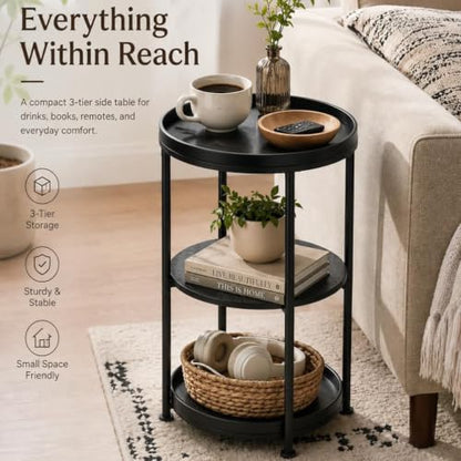 Dulcii Side Table, Round End Table with 3 Shelves for Living Room, Bedroom, Nightstand with Steel Frame for Small Spaces, Industrial Round Sofa Table, Outdoor Accent Coffee Table, Black - color: Black, style: Classic