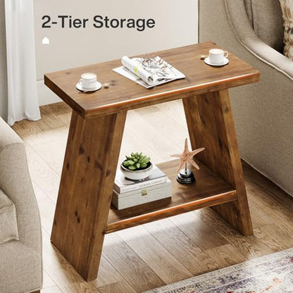 Solid Wood End Table for Living Room, Narrow Small Side Table with 2-Tier Storage, Farmhouse Bedside Nightstand for Bedroom, Small Places, Rustic Brown (1PCS) - color: Rustic Brown