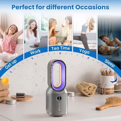 Desk Fan,13 Inch Portable Bladeless Fan, Small Quiet Office Fan with 106° Oscillating, 3 Speeds & Night light, LED Display, Button Control, Personal Table Fan for Bedroom, Office, Home, Study Room - color: Grey