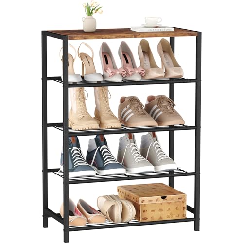 HOMEFORT 5-Tier Shoe Rack, Shoe Storage Shelf with MDF Top Board, Shoe Rack Organizer, Each Tier Fits 3 Pairs, Entryway Shoe Stand with Sturdy Shelves, Rustic Brown - color: Rustic Brown, size: 5-Tier (11.8"D x 23.23"W x 32.68"H)
