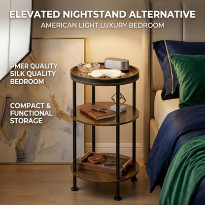 Small Round Side Table with Tray Top, Rustic Brown | Patented Design, 11.8" Narrow End Table for Small Spaces, 3-Tier Industrial Accent Table for Living Room Bedroom Nightstand - color: Rustic Brown, style: Classic