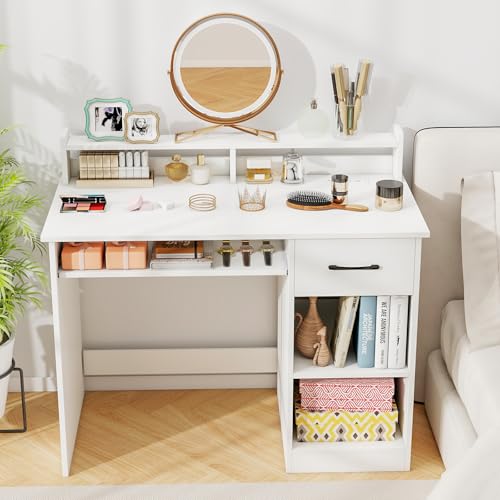 Tangkula White Desk with Drawer & Keyboard Tray, Home Office Desk with Built-in Charge Station & Adjustable Shelf, Study Writing Table with Hutch, Modern Computer PC Workstation