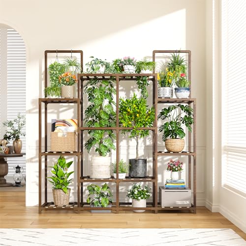 EnHomee Plant Stand, Hold 12-14 Pots, Waterproof Eucalyptus Wood | Easy to Assemble, Sturdy Enough, Without Wobble