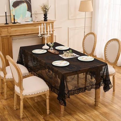 Floral Embroidered Lace Tablecloth Table Cover (Black, 95”x55”, Rectangular) - color: Black, size: 95" x 55" (Rectangular)