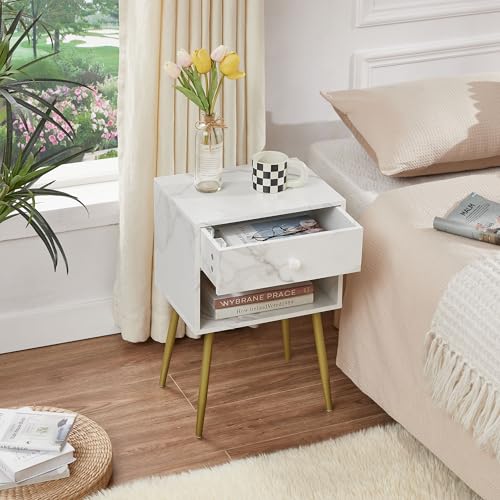 VECELO Nightstands Set of 2, Mid Century Modern End Bedside Table, Night Stand with Storage Drawer and 2 Tiers Open Shelf for Small Place, Bedroom, Living Room, Easy Assembly, White Gold - color: White Gold